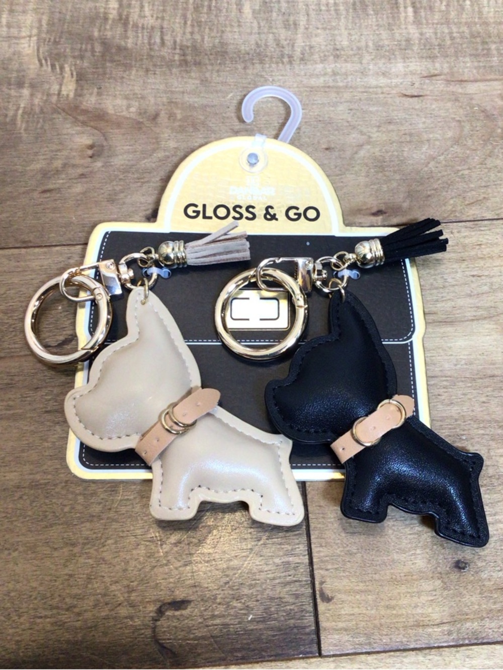 Set of 2 French Bulldog Keychains Puffy Dog Bag Charm Black Tan Tassel NWT